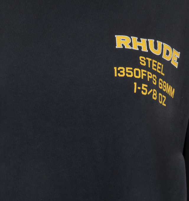 Image 3 of 4 - BLACK - Rhude Steel Long Sleeve T-Shirt has a crew neck, ribbed trims, dropped shoulders as well as a logo and text printed on the chest and back. 100% cotton. Made in Portugal.  