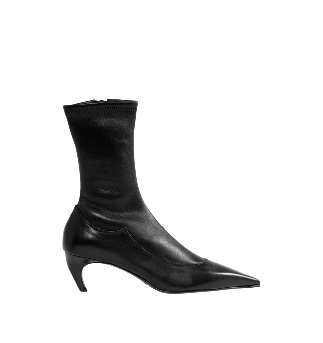 Image 1 of 4 - BLACK - Khaite Women's Valerie Mid-Calf Boots are crafted from black stretch nappa lambskin selected for its soft patina and flexibility. The close-fitting silhouette features an elongated pointed toe, sculpted lines, a curved heel integrated into the leather sole, and a side zipper closure. Upper: 100% Lambskin. Sole: 100% Calfskin. Heel Height: 5.5 cm / 2.2 in. Made in Italy. 