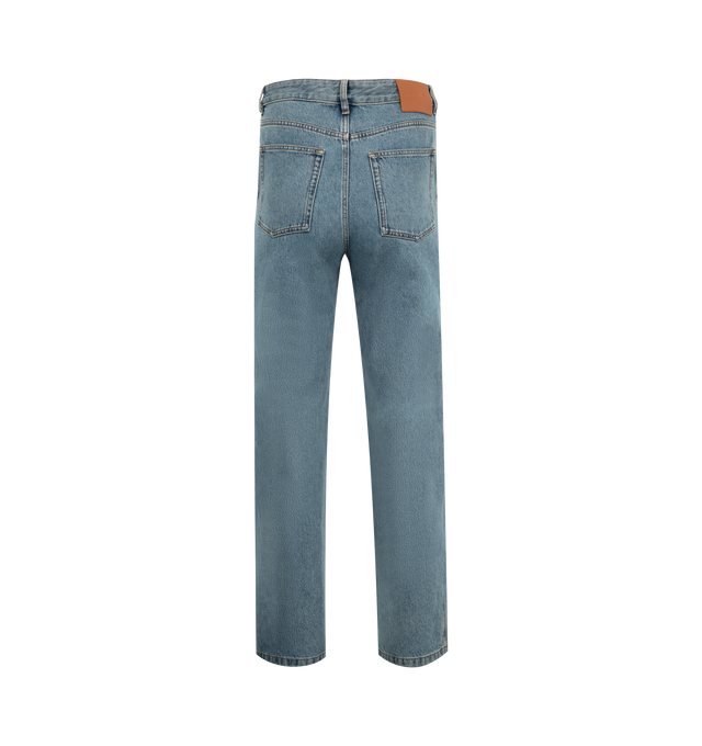 Image 2 of 3 - BLUE - Loewe men's jeans in medium-weight washed cotton denim featuring contrast Anagram cut-outs at the knees?. Relaxed fit, regular length with mid waist, loose leg, concealed button fly?, five pocket style and ?LOEWE embossed leather patch placed at the back. Made in Italy. 