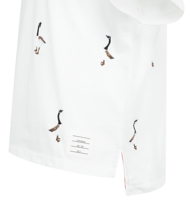 Image 3 of 3 - WHITE - THOM BROWNE Geese Print Jersey Tee featuring embroidered geese, short sleeves, crew neck, name tag applique and signature striped grosgrain loop tab. 100% cotton. Made in Italy. 