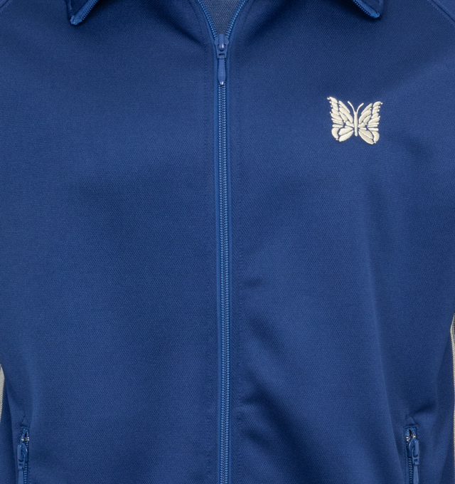 Image 3 of 3 - BLUE - NEEDLES Track Jacket featuring two-way zip fastening, embroidered with the label's butterfly emblem at the chest, this jacket is cut from tech-jersey and trimmed with striped webbing down the sleeves. 100% polyester. 
