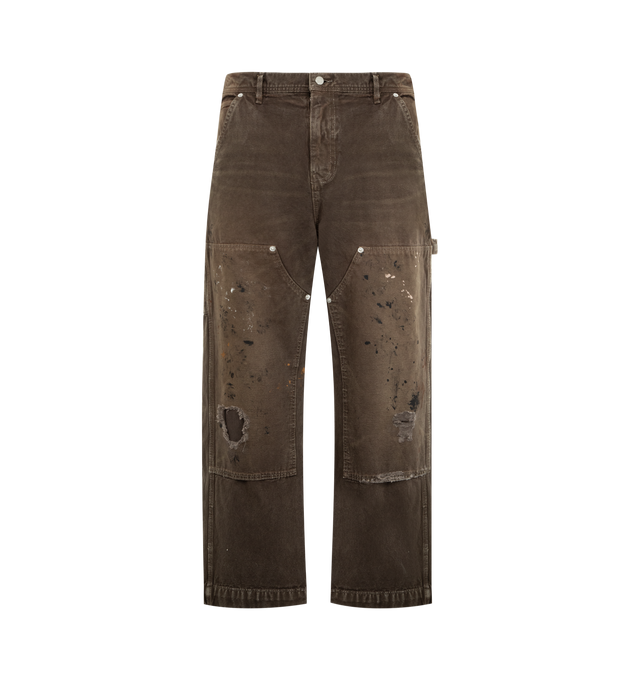 Image 1 of 3 - BROWN - ENFANTS RICHES DEPRIMES Double Knee Paint Pants featuring 13 oz american cotton canvas, straight leg fit, zip fly, logo branded hardware, rivets at front and back pockets, logo embossed leather patch at rear pocket and distessing throughout. Made in USA.   