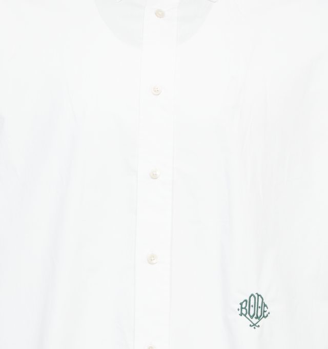 Image 3 of 3 - WHITE - BODE Monogrammed Poplin Shirt featuring pointed collar, Bode monogram in forest green, long sleeves and button front. 100% cotton. Made in India. 