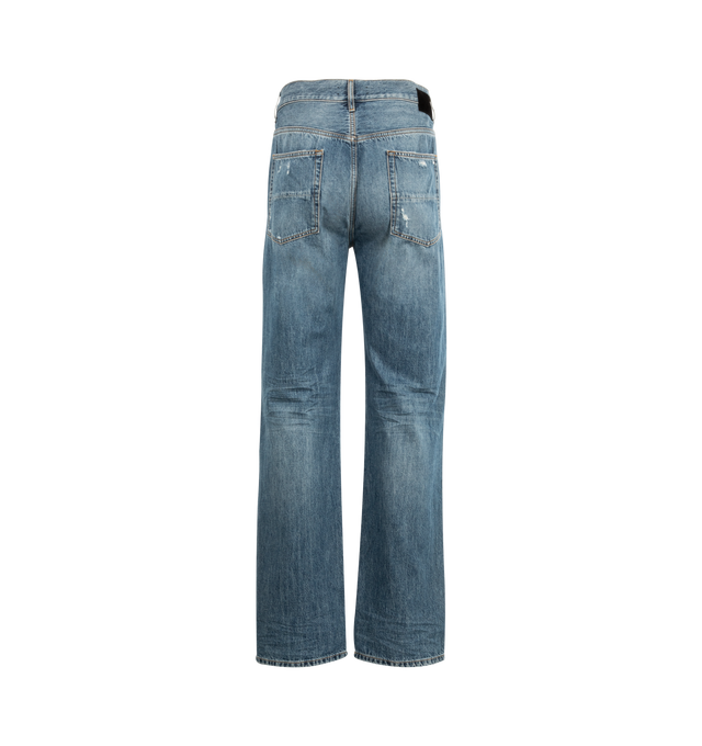 Image 2 of 3 - BLUE - AMIRI Suede Straight MX1 Jeans featuring belt loops, five-pocket styling, button fly, faux-suede underlay at rips, logo patch at back waistband and relaxed fit. 98% cotton, 2% elastane. Made in United States. 
