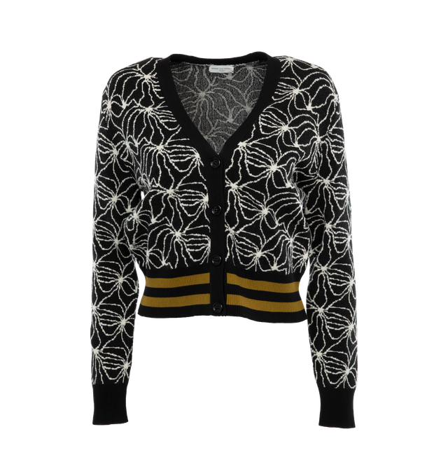 Image 1 of 3 - BLACK - DRIES VAN NOTEN Knit Cardigan featuring abstract jacquard motif, striped details hem, cropped, v neckline and button front closure. 44% viscose, 38% merino wool, 18% polyester. 