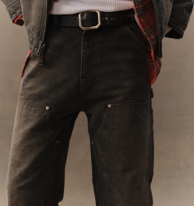 Image 5 of 6 - BLACK - Cherry LA Wide Leg Double Knee Pants are crafted from durable cotton canvas and feature a wide-leg silhouette with reinforced double-knee construction. Designed with a vintage-washed finish and distressed detailing throughout, this workwear-inspired style is finished with branded nickel hardware and a signature logo label at the back pocket. Main Material: Cotton Canvas. Fit: Wide Leg. Made in Los Angeles, California. 