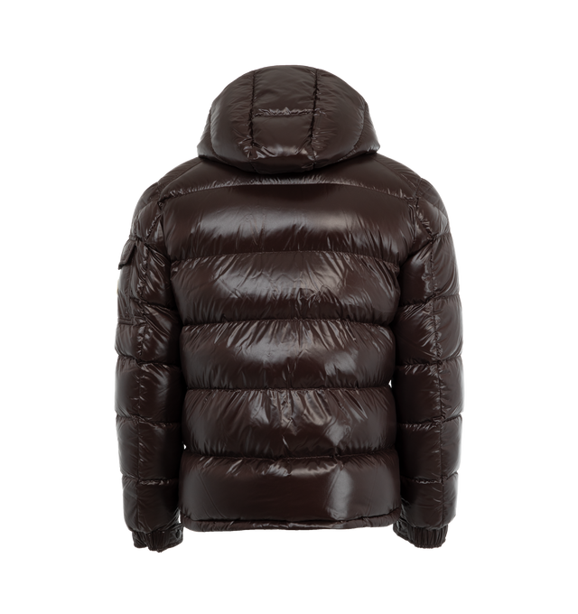 BROWN - MONCLER Maya Jacket featuring nylon laqu lining, down-filled with boudin quilting, detachable hood with snap buttons, adjustable with drawstring fastening, two-way zipper closure, zipped pockets, adjustable, elasticized cuffs with snap buttons, hem with drawstring fastening, flap patch pocket on sleeve and felt Moncler logo on sleeve. 100% polyamide/nylon. Padding: 90% down, 10% feather. 