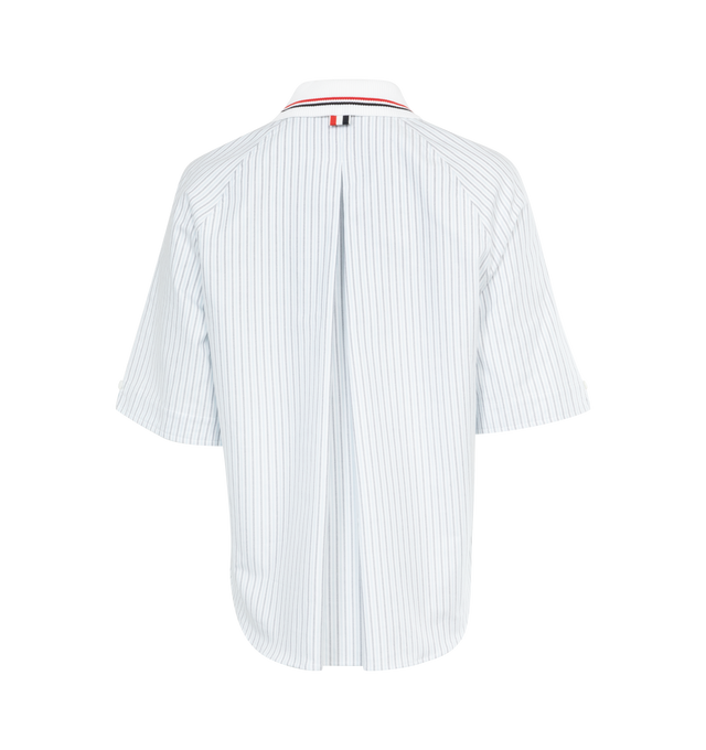 Image 2 of 3 - BLUE - Thom Browne cropped cotton shirt with short sleeves, classic ribbed collar, front button closure, slit pocket on front, iconic brand logo patch applied on front, striped pattern. 100% Cotton. 