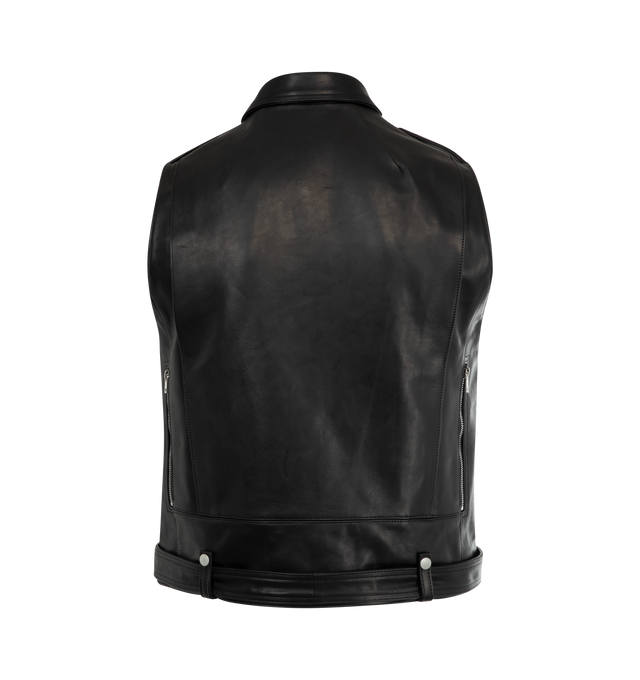 Image 2 of 2 - BLACK - RICK OWENS Leather Vest featuring off centre zip, wide collar, lapel with snaps, rounded Bauhaus zip pocket on the left side, additional flap pocket with snap closure, zip pockets throughout, snap detail on the shoulder epaulettes, belt that passes through the snap loops on the belt, interior features two internal zip pockets and is fully lined. 100% horse leather. Lining: 100% cotton. 