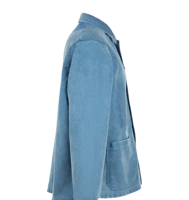 Image 3 of 4 - BLUE - A.Presse Men's Vintage French Work Jacket is crafted from indigo-dyed cotton with a distinctive vintage-inspired appearance and texture, with natural variations that make each piece unique. Main Material: 100% Cotton. Made in Japan. 