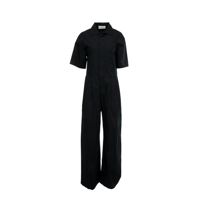 BLACK - ARMARIUM Roman Wide-Leg Jumpsuit featuring a rain shield back cutout and double-pleated front, point collar, concealed button front, short sleeves, side slip pockets, back patch pockets, wide legs and full length. 100% cotton. Made in Italy.