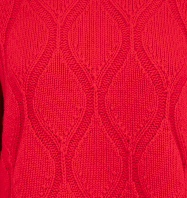 Image 3 of 3 - RED - Guest in Residence women's wavy cozy crewneck sweater made from 100% cashmere in a heavy weight knit. Women's sizing, intended for a boxy, oversized fit. Featuring diamond aran stitch, crew neck, dropped shoulder, reverse jersey detail around arm & shoulder with tuck stitch, ribbed neck trim, cuff, and hem, side slit at hem, jersey cable with signature GIR branding at center back. Premium cashmere sourced from inner Mongolia, manufactured in China. 