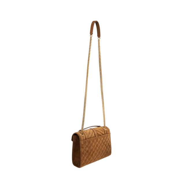 Image 3 of 4 - BROWN - Saint Laurent Leather Envelope Medium Chain Bag features a magnetic snap closure, one main compartment, one flat interior pocket, and one flat pocket at the back for additional storage. Dimensions: 9.4 X 6.8 X 2.3 inches. Main materials: Calfskin Leather, brass harware. Made in Italy.  