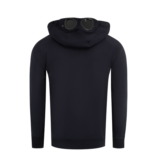 Image 3 of 4 - NAVY - C.P. COMPANY Diagonal Raised Fleece Goggle Sweatshirt featuring adjustable Goggle hood, side zip pockets, ribbed cuffs and hem, thumb hole on cuffs and regular fit. 100% cotton. 