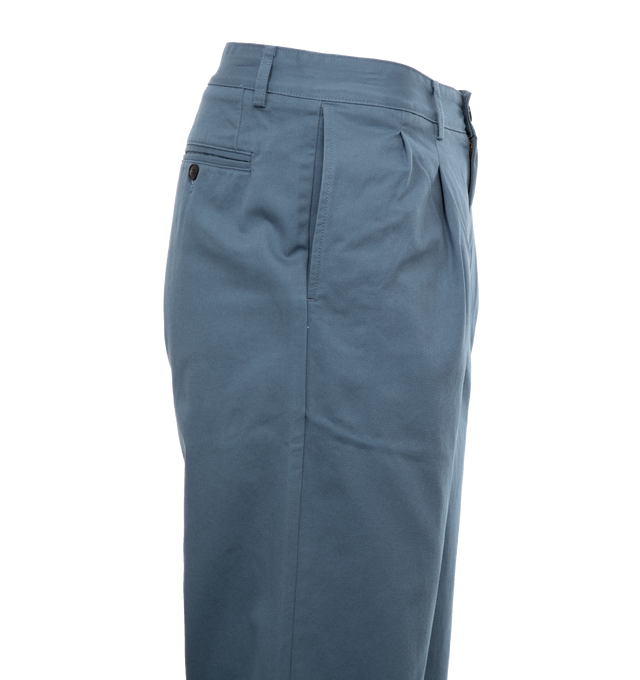 Image 3 of 4 - BLUE - NOAH Twill Double Pleated Pants featuring double-pleated with zip-fly and button-closure, side seam front pockets and besom back pockets with button-closure. 100% organic cotton denim. Made in Portugal. 