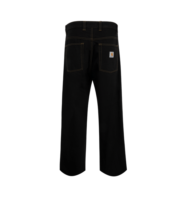 Image 2 of 3 - BLACK - Carhartt WIP Brandon Pants are a 5-pocket style with a zip fly, a loose fit with a low crotch, a slightly shorter inseam, a back yoke, and a brand label at the back. 100% cotton.  