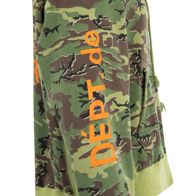 Image 4 of 4 - GREEN - GALLERY DEPT. Dept. De La Galerie Hoodie featuring oversized fit, front pocket, all-over camo print, shrunken FRENCH DPT. logotype on the front, and enlarged on back and sleeves, appliqud with our 'art on display' patch by the cuff and patent wash process that uses unique fading techniques for each piece, inclusive of logos and graphics. 100% cotton. Made in USA. 