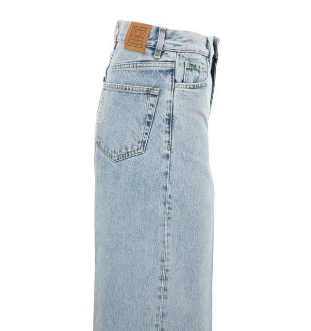 Image 3 of 4 - BLUE - TOTEME Wide Leg Denim featuring high waistline and long, wide legs that are press-creased, belt loops, five pockets and zipper fly. 100% cotton organic. 