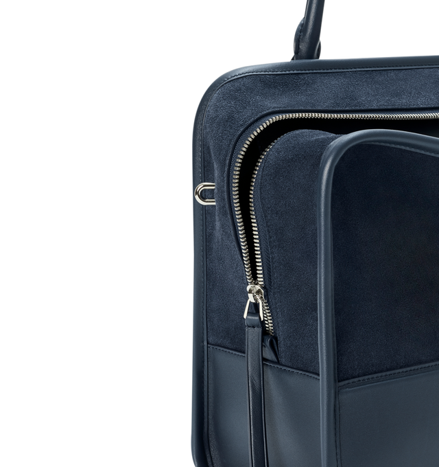 Image 16 of 16 - NAVY - Loewe Large Amazona 180 Bag in suede featuring a relaxed silhouette anchored by a single toron top handle, designed to be carried open while a concealed closure secures the main compartment, removable shoulder and crossbody straps, zip closure with two leather zip pullers, two compartments, main compartment closed with magnetic closure, internal flat pocket, left side d-ring for customization, suede and nappa lambskin lining, embossed LOEWE and embossed double L branding. Suede/calf. 