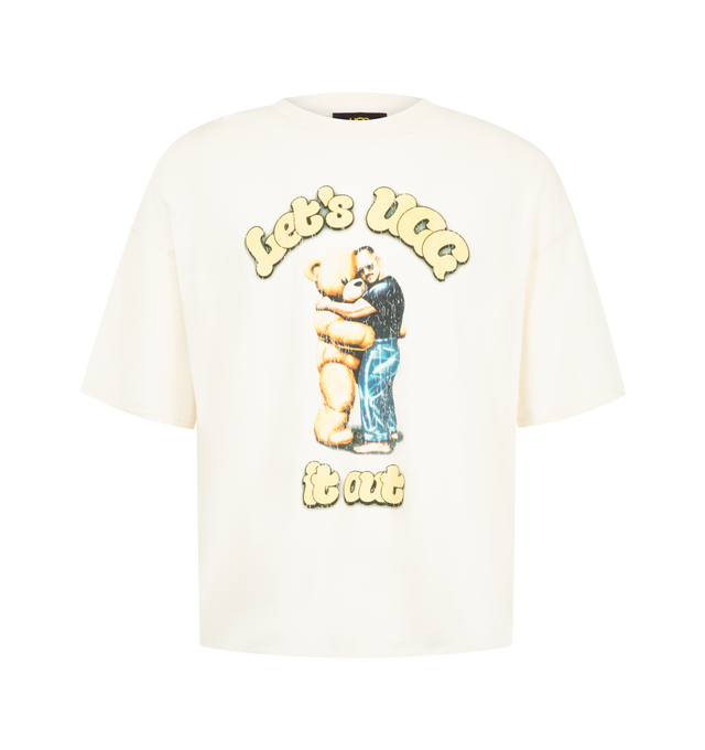 Image 1 of 2 - NEUTRAL - UGG X Willy Chavarria Men's Hug It Tee is crafted in a distressed cotton material with a signature graphic on the front of the tee "Let's Ugg It Out" with distressed details throughout. 