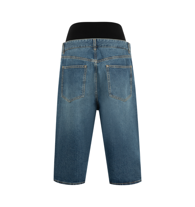 Image 2 of 3 - BLUE - Alaia Knit Band Shorts are a 5-pocket style with a button and zip fly fastening, a ribbed waistband, and wide legs. 99% cotton, 1% polyurethane.  