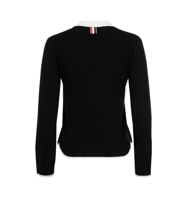 Image 2 of 2 - BLACK - THOM BROWNE Jersey Stitch Cashmere V Neck Cardigan featuring front button closure with striped grosgrain placket, 2 front slip pockets, buttoned cuffs with signature striped grosgrain trim, buttoned side vents with signature striped grosgrain trim and signature striped grosgrain loop tab. 100% cashmere. Made in Italy. 