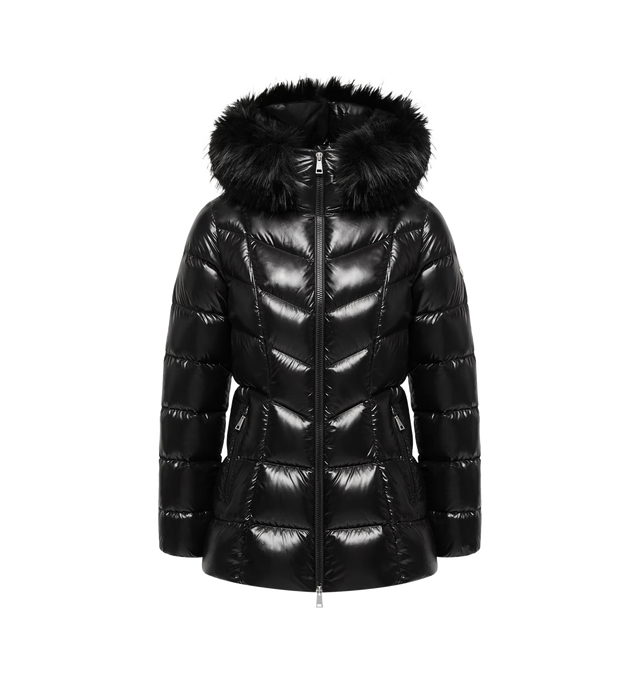 Image 1 of 1 - BLACK - Moncler Women's Fulmar Short Hooded Down Jacket is crafted from glossy nylon laqu and features a down-filled construction, a stand collar, and a detachable hood with removable faux fur trim. Designed for everyday winter wear, this signature puffer is finished with a front zip and snap-button closure, zipped pockets, elastic cuffs, and a Moncler logo patch. Main Material: 100% Polyamide / Nylon. Lining: 100% Polyamide / Nylon. Hood Lining: 100% Polyamide / Nylon. Padding: 90% Down, 10% 