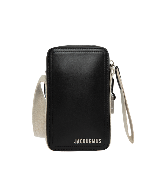 BLACK - Jacquemus grosgrain and smooth leather cross-body bag featuring adjustable shoulder strap and metal buckle, exterior patch pocket, engraved lobster clip, zip closure, interior plated pocket, silver metal logo and hardware. Measures 11 x 18 cm. 100% Cowskin/Lining - 100% Cotton. Made in Turkey.