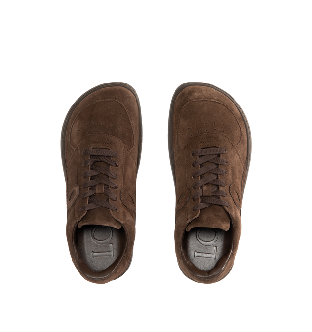 Image 5 of 5 - BROWN - LOEWE Jambo Sneaker in calfskin suede featuring a full monochrome look with an asymmetric toe shape, nappa fussbett, 25mm heel, lace closure, L monogram at the side, embossed LOEWE on the heeltab and anagram-embossed rubber cupsole. Calf suede. Made in Italy. 