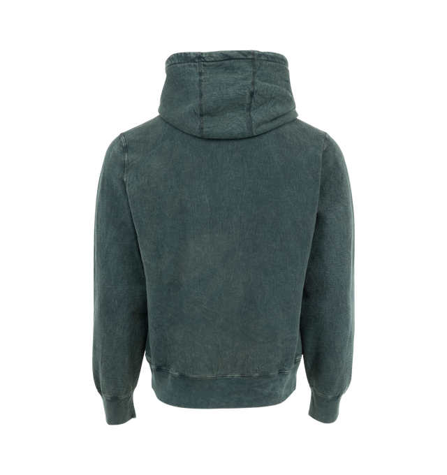 Image 2 of 3 - GREEN - Noah hooded pullover sweatshirt crafted from 100% cotton 12 oz carded brushed-back fleece treated with an enzyme wash featuring a logo embroidery on pocket. Made in Canada. 