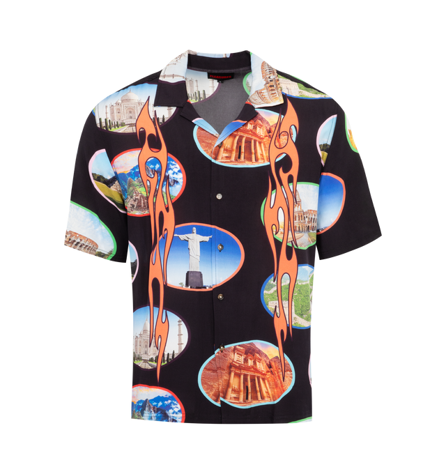 Image 1 of 2 - BLACK - PLEASURES 7 Wonder Camp Shirt featuring all over print, brown horn buttons, spread collar and short sleeves. 100% rayon challis. 