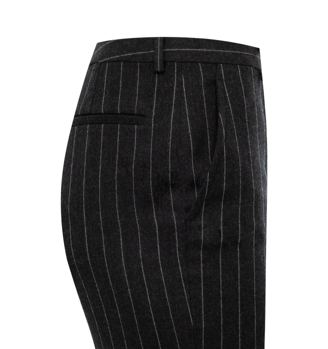 Image 3 of 3 - GREY - SAINT LAURENT Pinstripe Pant featuring straight leg, side slash pockets, welt back pockets, belt loops and hook and zip closure. 100% wool. 