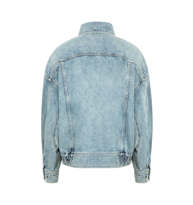Image 2 of 3 - BLUE - SAINT LAURENT Oversized Zip Denim Jacket featuring drop shoulders, patch pockets, shirred hems at the side, concealed front zip closure with snap-button flap, two welt patch pockets at the front, pointed collar, one-button cuffs and shirred waistband at the sides. 100% cotton. Made in Japan. 