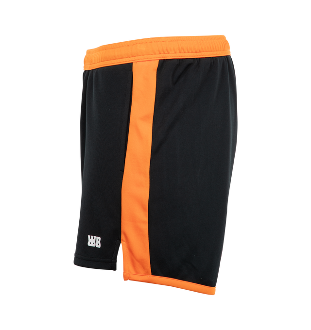 Image 3 of 3 - BLACK - Wales Bonner Home Jersey Shorts featuring colorblocked construction, concealed drawstring at elasticized waistband, two-pocket styling, logo printed at cuffs and vented outseams. 100% polyester. Made in Portugal. 