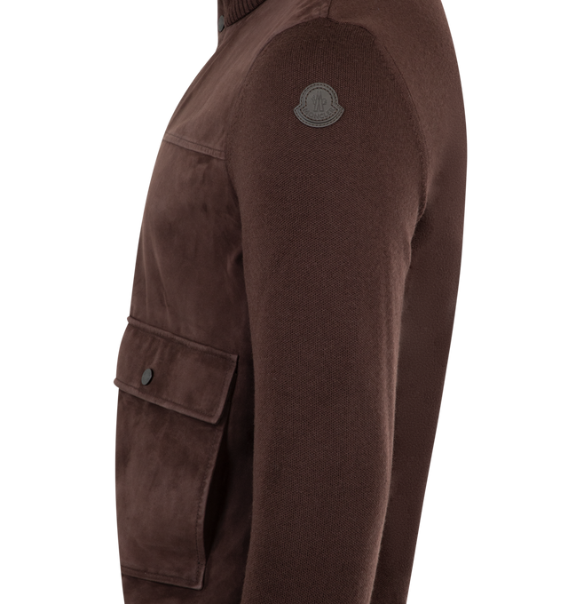 Image 3 of 3 - BROWN - MONCLER Wool & Suede Cardigan featuring ultra-fine wool, suede front, Airsoft lining, interlock knit, gauge 12, snap button closure, patch pockets with snap button closure and leather logo patch. 100% virgin wool. Lambskin. Made in Turkey. 