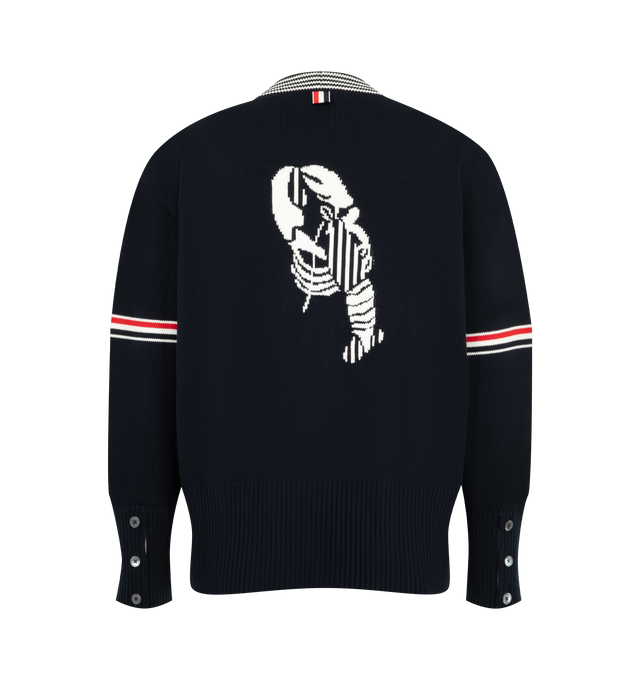 Image 2 of 3 - BLUE - Thom Browne Mens Cardigan is crafted from cotton jersey knit. Features a V-neckline, button-front closure, welt hand pockets, RWB intarsia armbands, lobster intarsia at the back, ribbed buttoned cuffs, buttoned side vents with signature RWB grosgrain trim, ribbed hem, and signature striped grosgrain loop tab. Main Material: 100% Cotton. Made in Italy. 