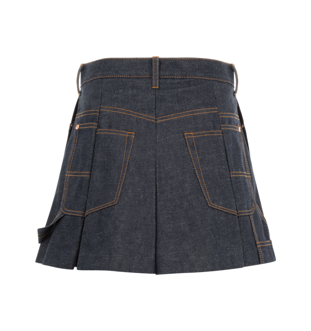 Image 2 of 3 - NAVY - Sacai Women's deconstructed denim mini-length skort featuring belt loops, button-fly closure, and hammer loop. 100% cotton denim. Made in Japan. 