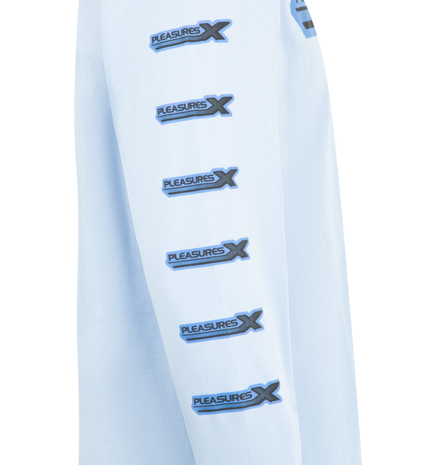 Image 3 of 3 - BLUE - PLEASURES X Long Sleeve Tee featuring relaxed fit, long sleeves, crew neckline and screen-printed graphics. 100% cotton. 