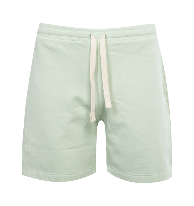 Image 1 of 3 - GREEN - PALM ANGELS CLASSIC LOGO SWEATSHORT with elastic waistband and white drawstring, slim fit, and palm angels logo embroidered in white over the left knee. 100% cotton with 100% polyester embroidery.  