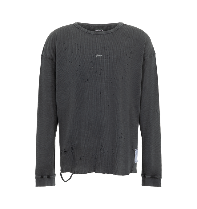 Image 1 of 3 - GREY - Satisfy Men's MothTech Waffle Long Tee is crafted from waffle-knit organic cotton and features signature MothTech material that features ventilation with laser-cut, hand-opened perforations for targeted airflow. The textured waffle-knit construction helps retain and release warmth as the body moves, while a raw ripped hem creates a worn-in vintage character. Finished with a centered SATISFY logo, stealth-reflective logo detailing, and a detachable external care label for distraction-fr 