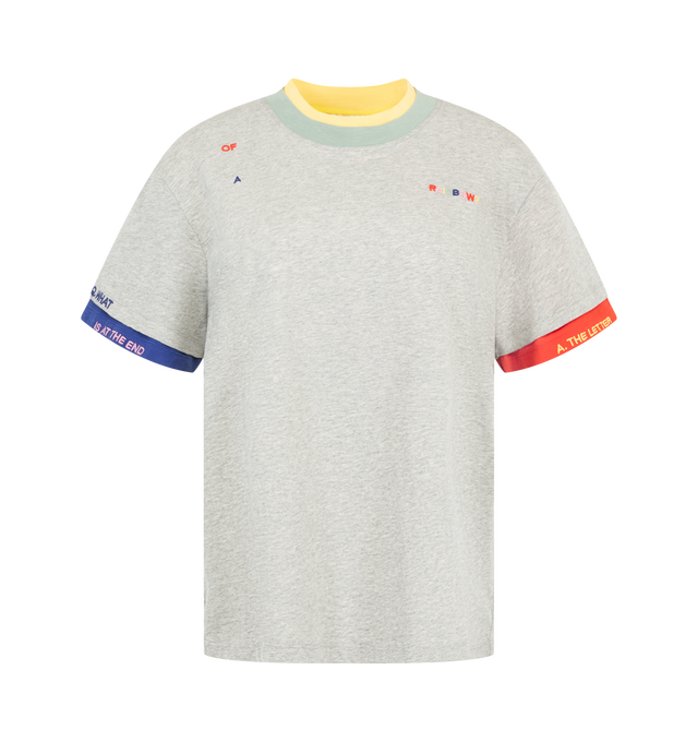 Image 1 of 2 - GREY - Mira Mikati Women's Riddle Embroidered Layered Jersey Tee is crafted from organic cotton and features an oversized silhouette in a custom grey marl melange jersey. Designed with contrast sleeves and a neckline that create the appearance of effortless layering, this playful everyday style is finished with all-over riddle-inspired embroidery inspired by what lies at the end of a rainbow. Main Material: 100% Organic Cotton. 