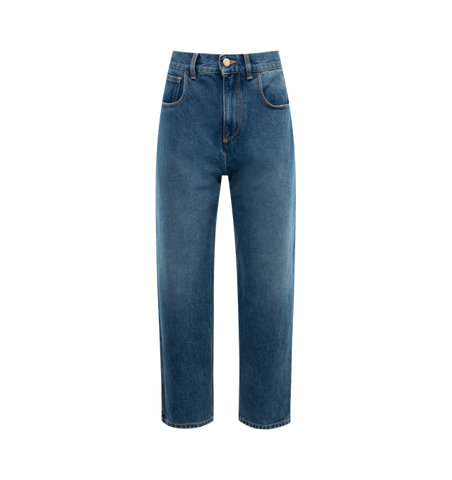 Image 1 of 2 - BLUE - MONCLER Denim Trousers featuring zipper and button closure, side pockets, front coin pocket, back patch pockets and logo label. 100% cotton. Made in Italy. 