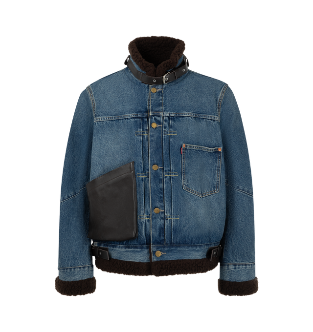 Image 1 of 5 - BLUE - Sacai X Levi's Men's Denim Jacket are crafted from a medium-dark wash cotton denim paired with contrasting plush faux-shearling/sherpa accents at the collar, cuffs, and hem. Main Material: 100% Cotton. Made in Japan. 