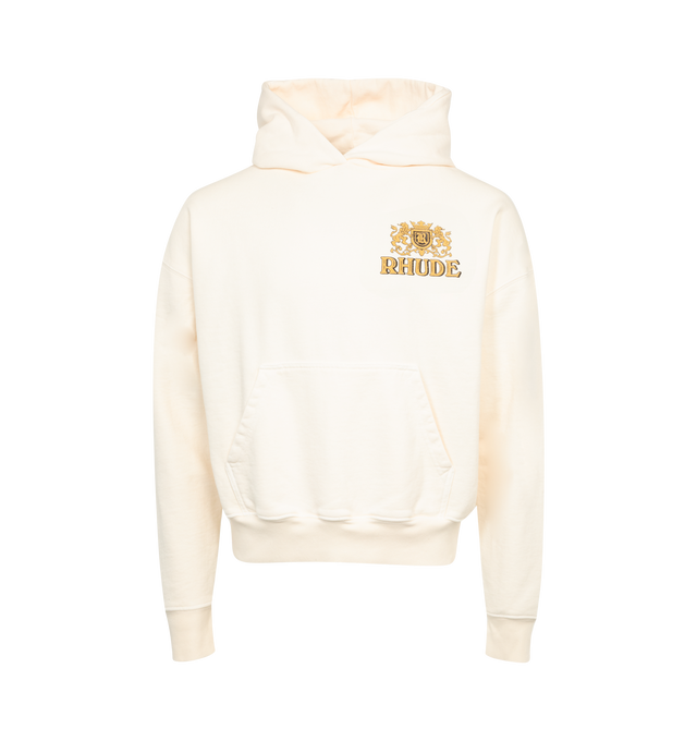 WHITE - RHUDE Cresta Cigar Hoodie featuring ribbed cuffs and hem, printed logo on chest and back and kangaroo pocket. 100% cotton. Made in USA.