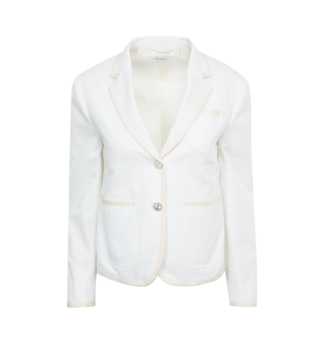 Image 1 of 2 - WHITE - THOM BROWNE Shrunken Sack Jacket featuring cotton seersucker, front patch pockets, chest pocket, 2 button closure and signature grosgrain loop tab. 