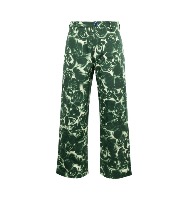 Image 1 of 3 - GREEN - BURBERRY Rose Waxed Cotton Trousers featuring relaxed fit, printed rose pattern, press-stud tabs at the cuffs, button and zip closure, press-stud side adjusters and tab cuffs, side slip pockets and back press-stud pockets. 100% cotton.