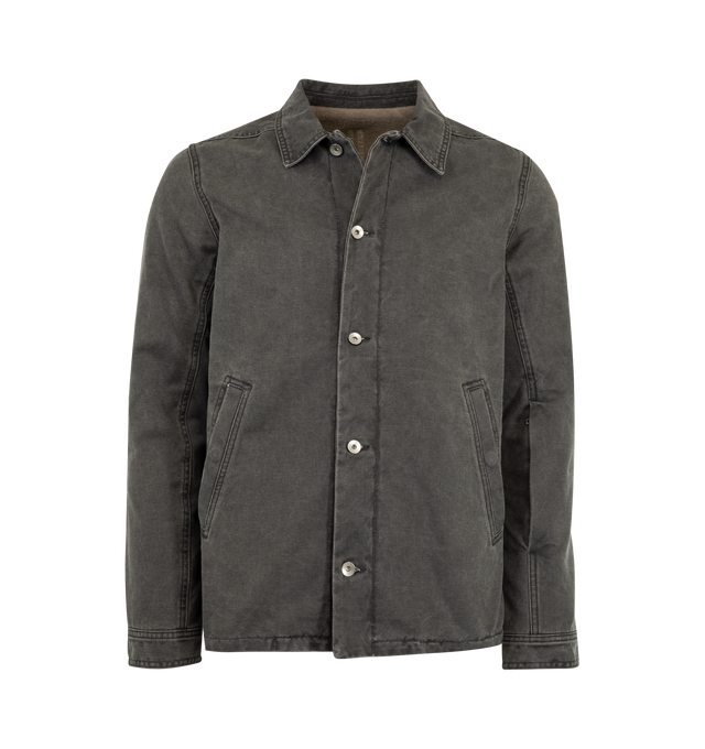 Image 1 of 3 - GREY - Rick Owens DRKSHDW Men's Brad Jacket is crafted from stone-washed cotton canvas and features a straight fit, hip-length silhouette, five-button front closure, classic collar, diagonal welt pockets, and buttoned cuffs. Main Material: 100% Cotton.  