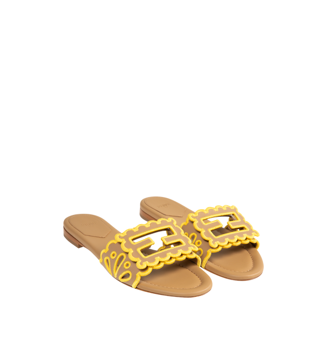 Image 2 of 4 - BROWN - FENDI Baguette Slide featuring wide-band, nappa leather embellished with openwork embroidery and scalloped edges, contrasting yellow yarn, tone on tone Baguette FF motif with scalloped edges and yellow yarn embroidery. 100% calfskin. Made in Italy.  