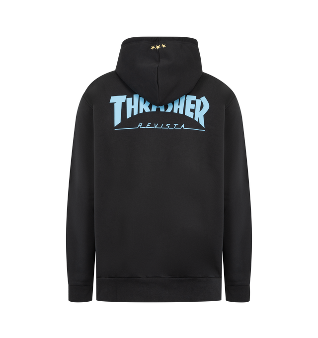 Image 2 of 3 - BLACK - ADIDAS x Thrasher x Argentina Hoodie featuring knit fleece fabric, relaxed loose fit, drawstring hood, kangaroo pocket, stripes down sleeve and logos throughout. 82% cotton, 18% polyester. Made in Vietnam. 