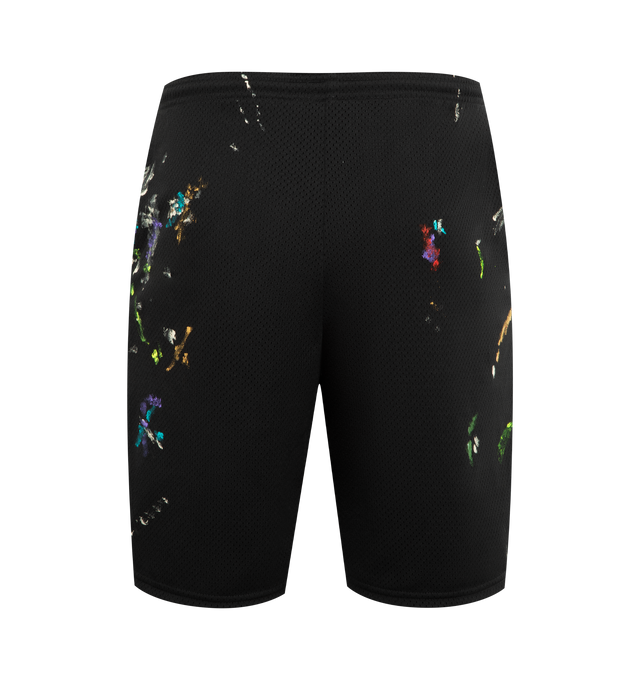 Image 2 of 3 - BLACK - GALLERY DEPT. Studio Gym Shorts featuring breathable mesh shorts with a logo print, elasticated waistband, paint-splatter details, an inner drawstring, and front slip pockets. Mesh. 